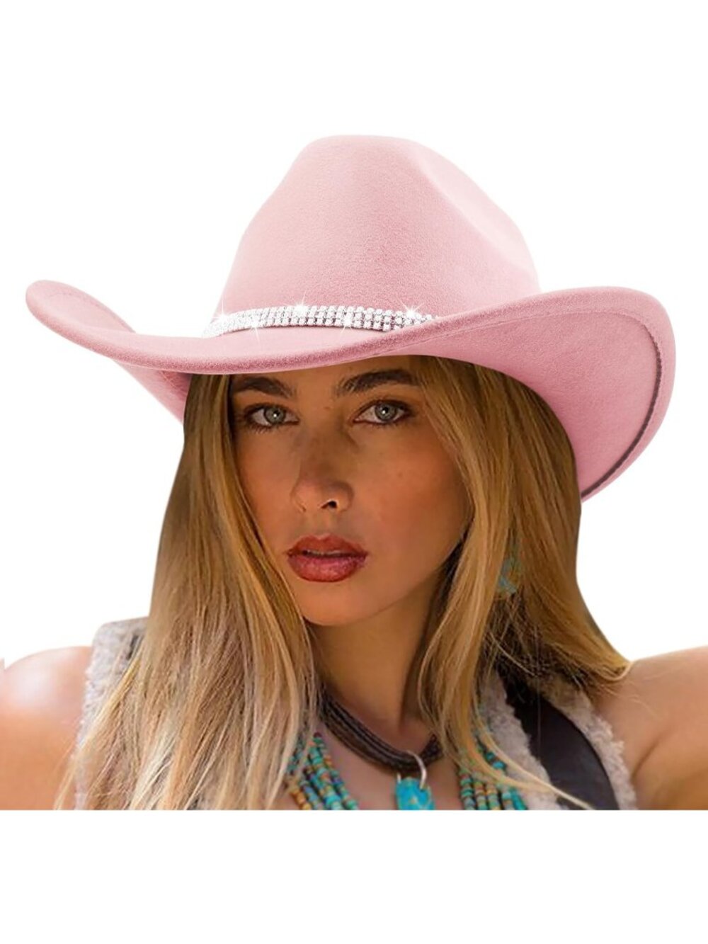 Women's Light Pink Glitter Rhinestone Wide Brim Felt Cowboy Western Cowgirl Hat